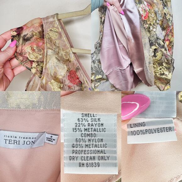 Rickie Freeman Teri Jon Gold Floral Pleated Fit and Flare Midi Cocktail Dress 8 - Picture 12 of 14